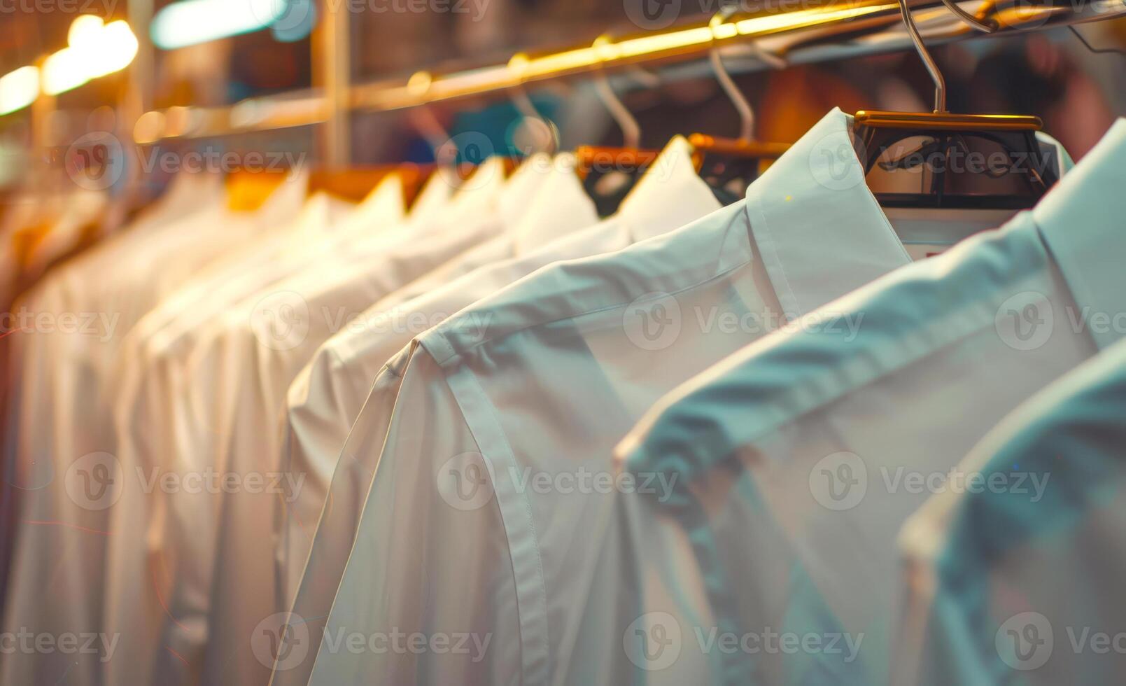 A rack of white shirts hanging up in a store photo