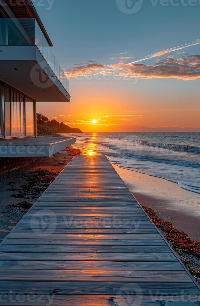 Wooden walkway to the beach at sunset photo