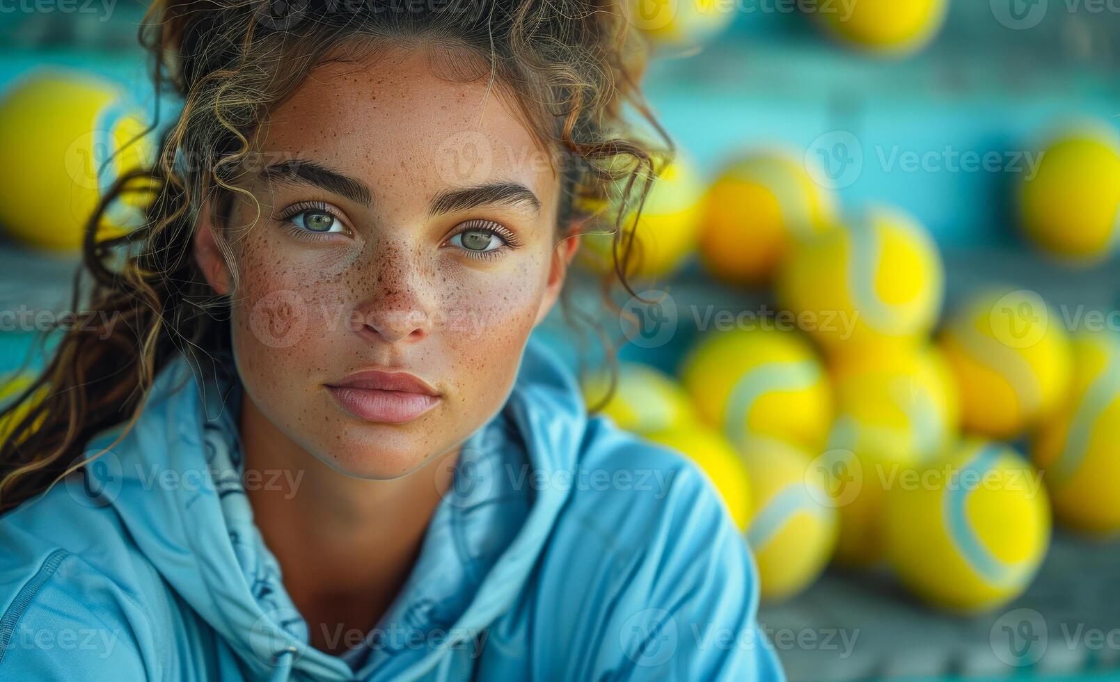 A woman with green eyes and red hair is sitting on a bench with a pile of yellow tennis balls in front of her photo