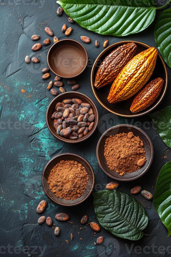 Cocoa beans and cocoa powder in bowls on black background photo