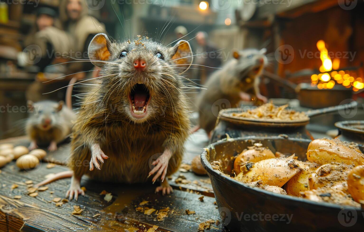 Three rats are sitting on the table in the kitchen. photo