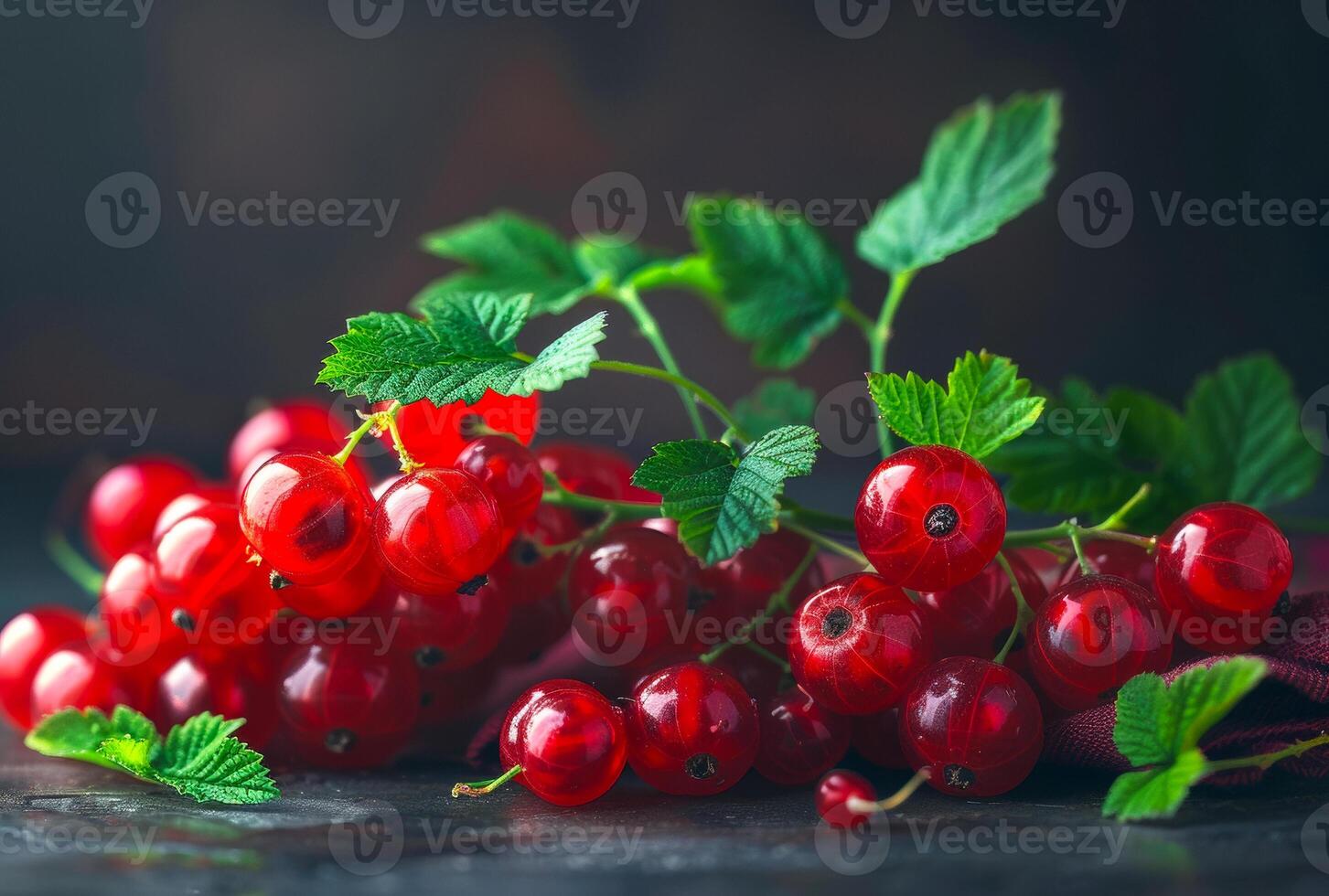 Red currants with green leaves on dark rustic background photo