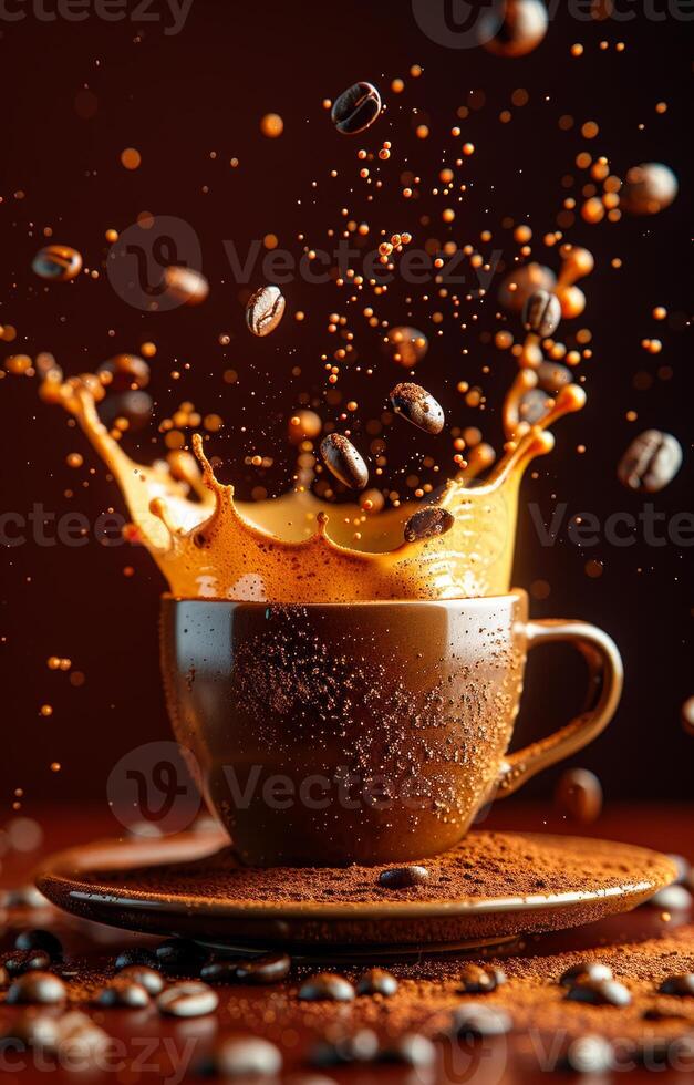 Coffee cup and coffee beans splash on brown background photo