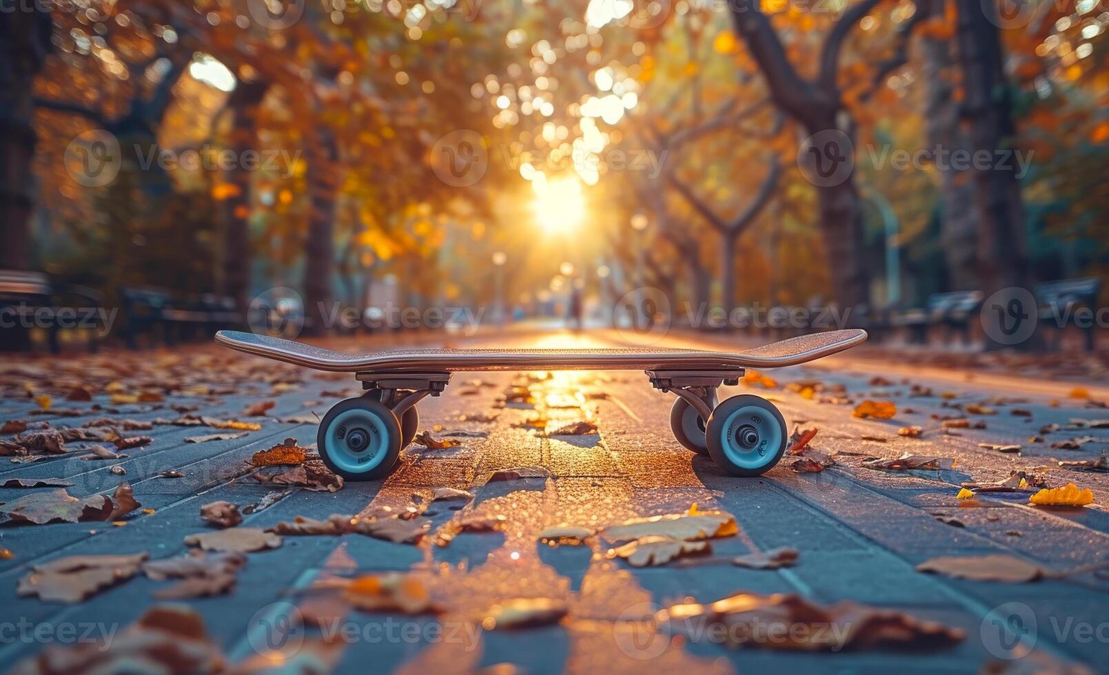 Longboard skateboard parked on the street in the autumn park with trees and benches on the background photo