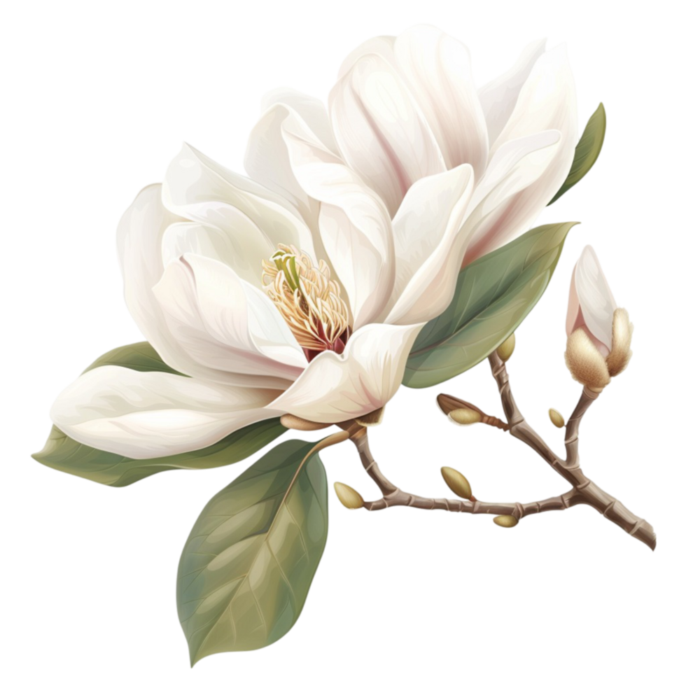 magnolia flower on a branch with leaves and leaves png