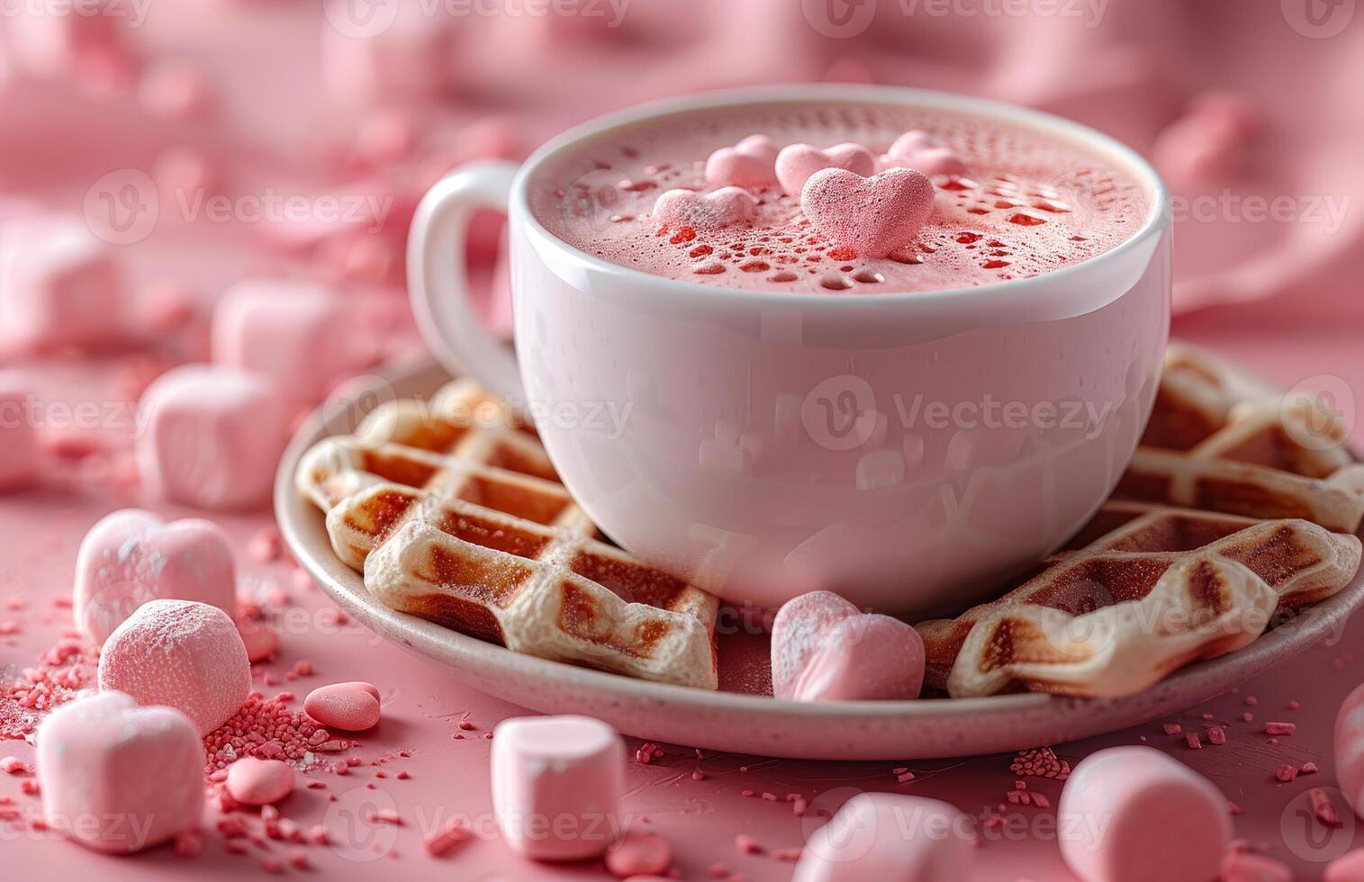 Cup of hot cocoa with marshmallows and waffles on pink background. Concept Valentine's Day. photo