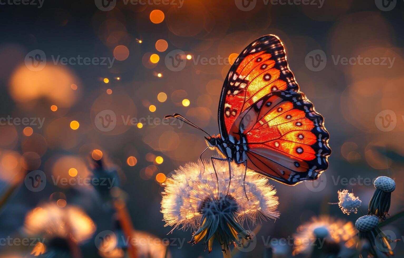 Butterfly and dandelion in the rays of the setting sun photo