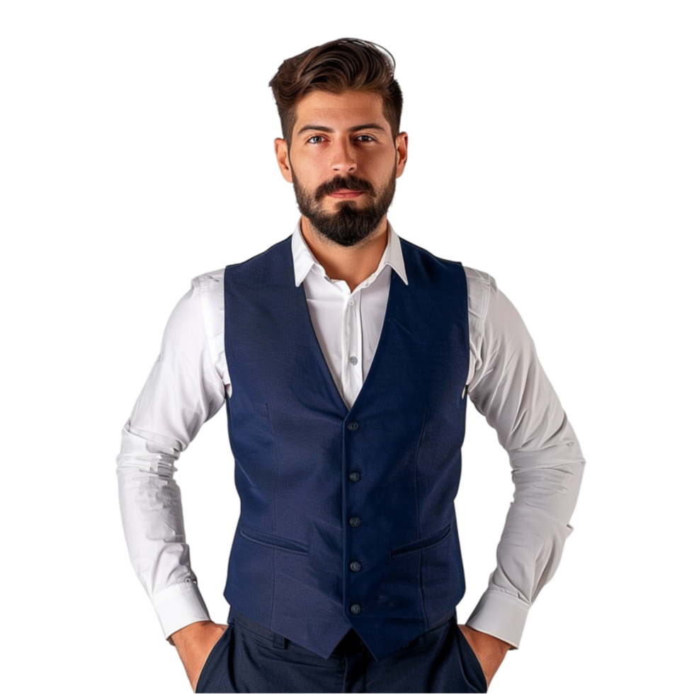 a man in a blue vest and white shirt png