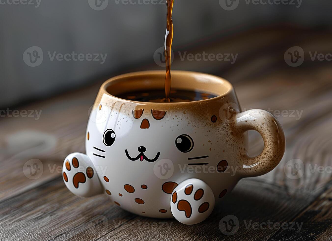 Cute cat mug is filled with coffee and spoon is being poured into it. photo