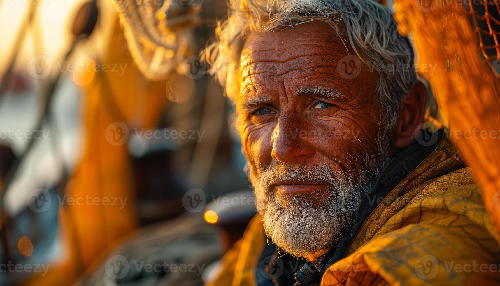 Old sailor with beard and gray hair sits on the deck of his sailboat and looks into the distance photo
