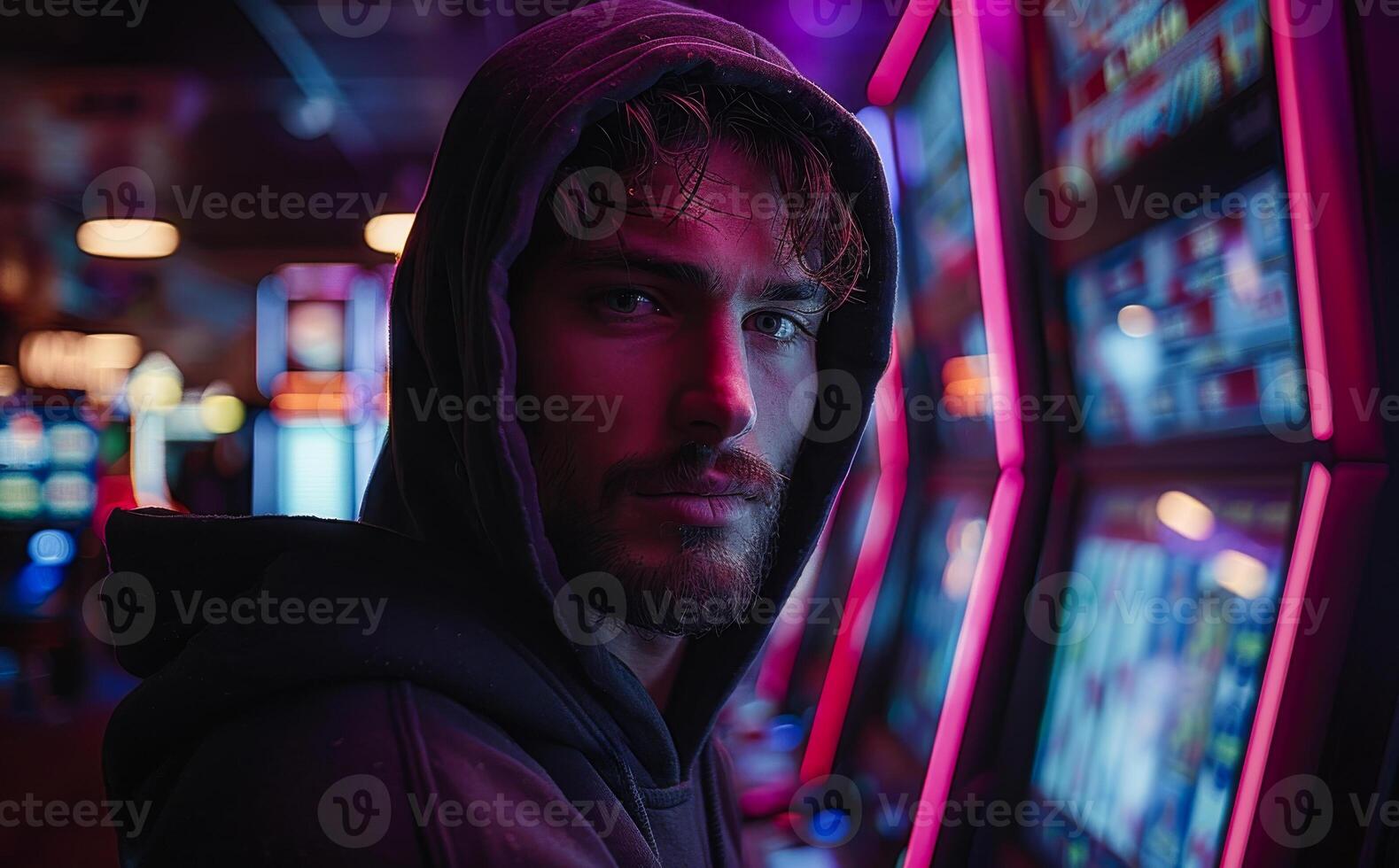 Handsome young man is playing slot machines in casino photo