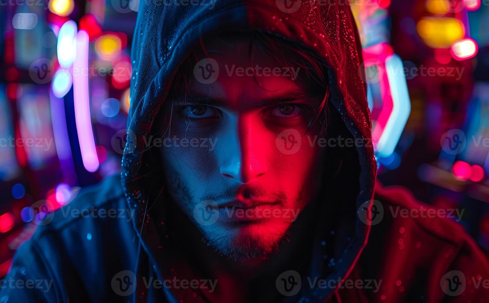 Portrait of handsome young man in hood at night with neon lights photo
