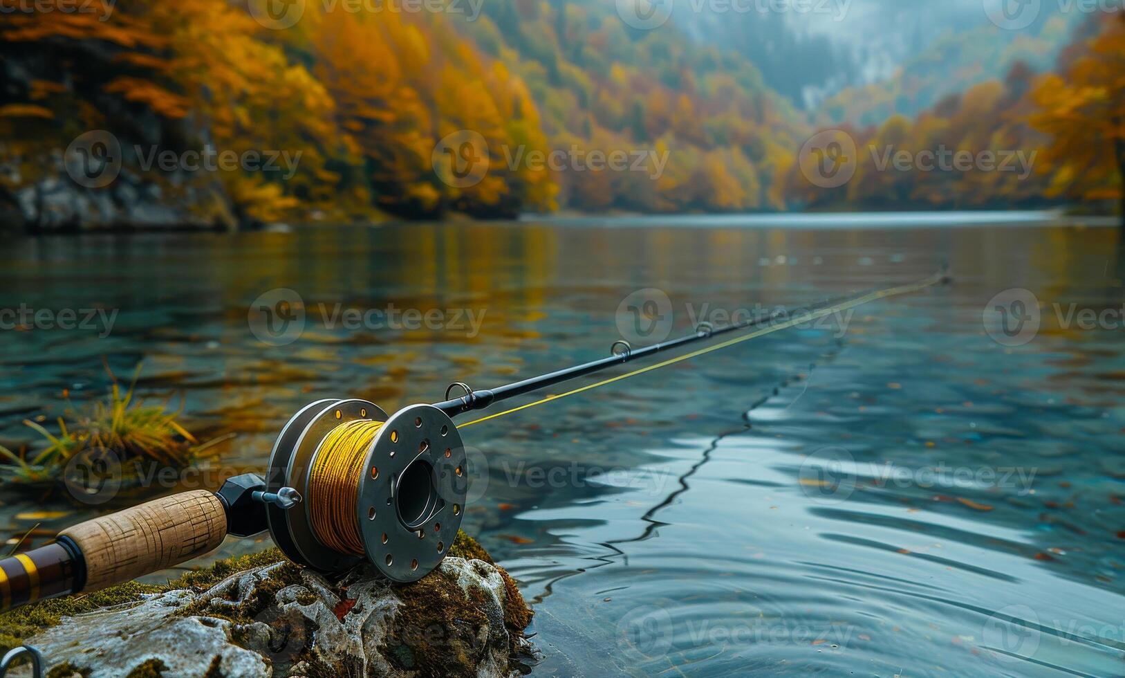 Fishing rod and reel on the autumn lake. A fishing rod with an aluminum spool and line photo