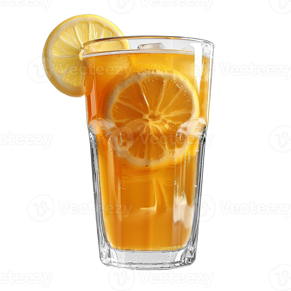 Glass of peach ice tea . Lemon ice tea as summertime refreshment isolated. Glass of ice tea with lemon slice and ice cubes . Non alcoholic beverage in glass png