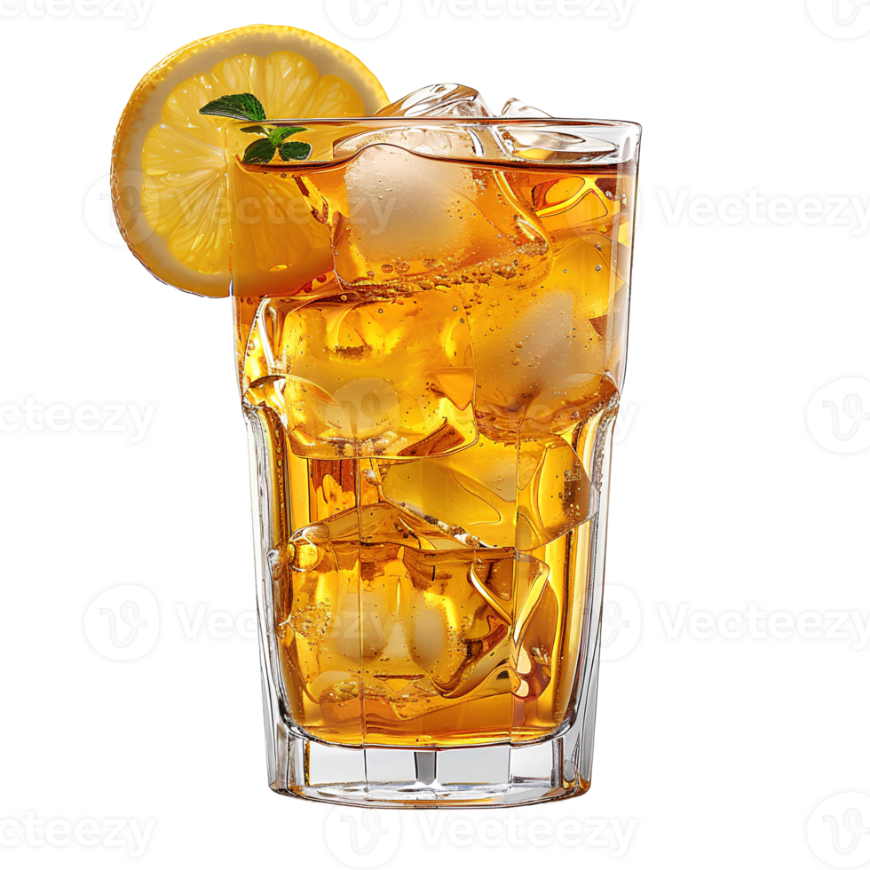 Glass of peach ice tea . Lemon ice tea as summertime refreshment isolated. Glass of ice tea with lemon slice and ice cubes . Non alcoholic beverage in glass png