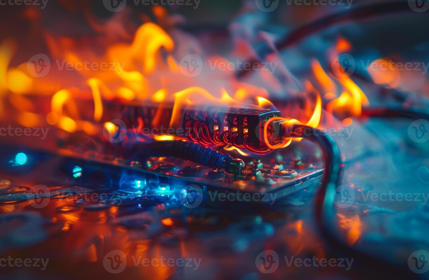 Computer circuit board on fire with flames and smoke on dark background photo