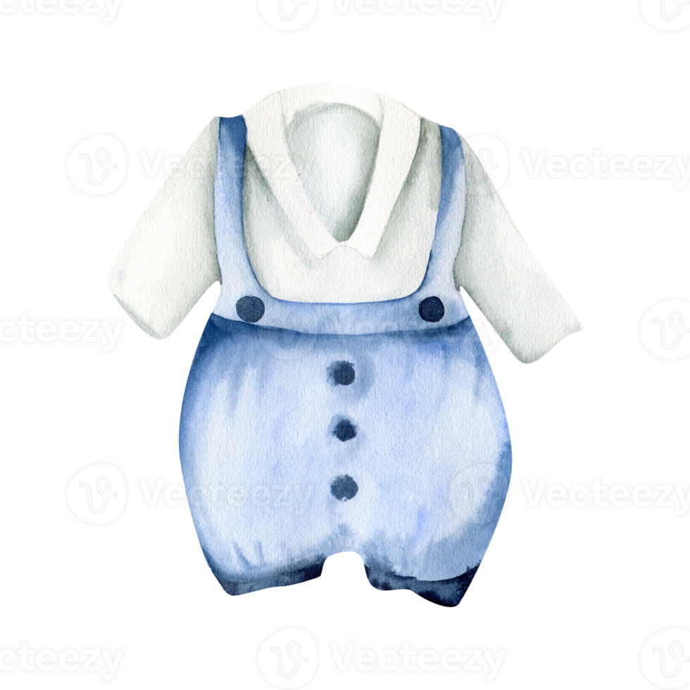 Baby boy blue suit with white shirt watercolor illustration. Hand drawn new born clothes for birthday celebration, baby shower ,gender party, poster, room design,invitation, card decor png
