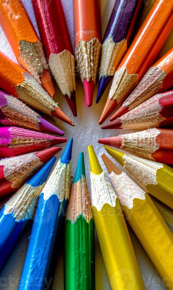 Colored pencils in circle. A photo of different colored pencils in a circle