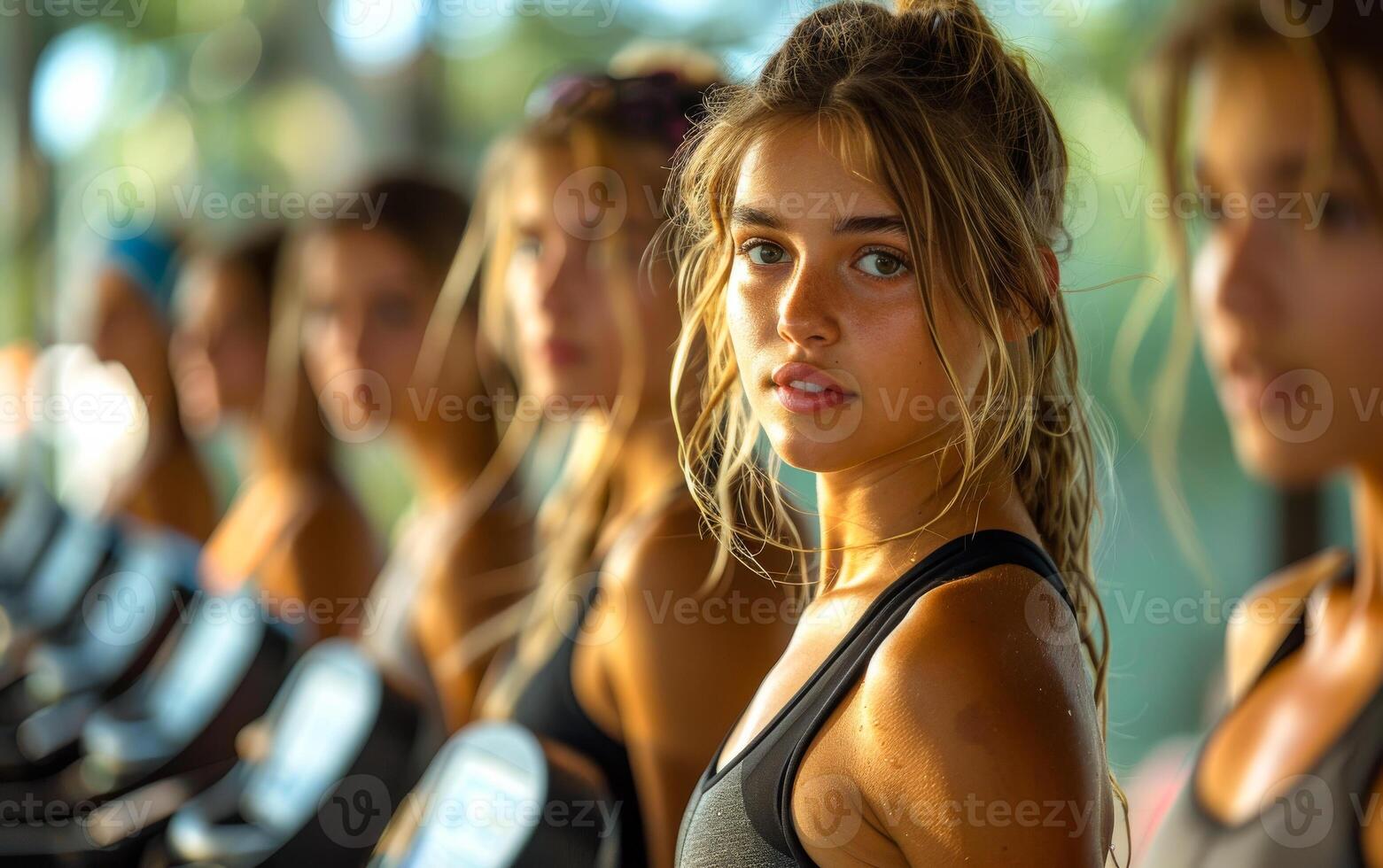 Beautiful fit young woman smiling while exercising on stepper machine in gym. photo