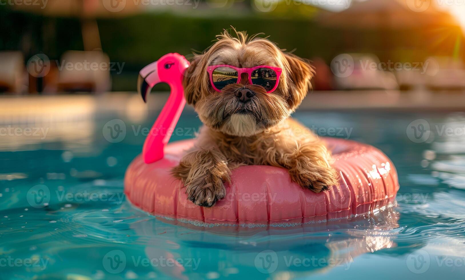 Dog relaxing on air mattress in the pool at the resort spa hotel during summer vacation. photo