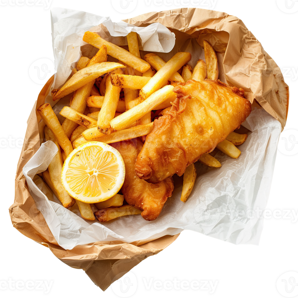 Fish and chips set on transparent background. png