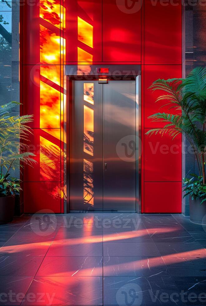 A red building with a silver elevator door. The door is open and the sunlight is shining on it photo