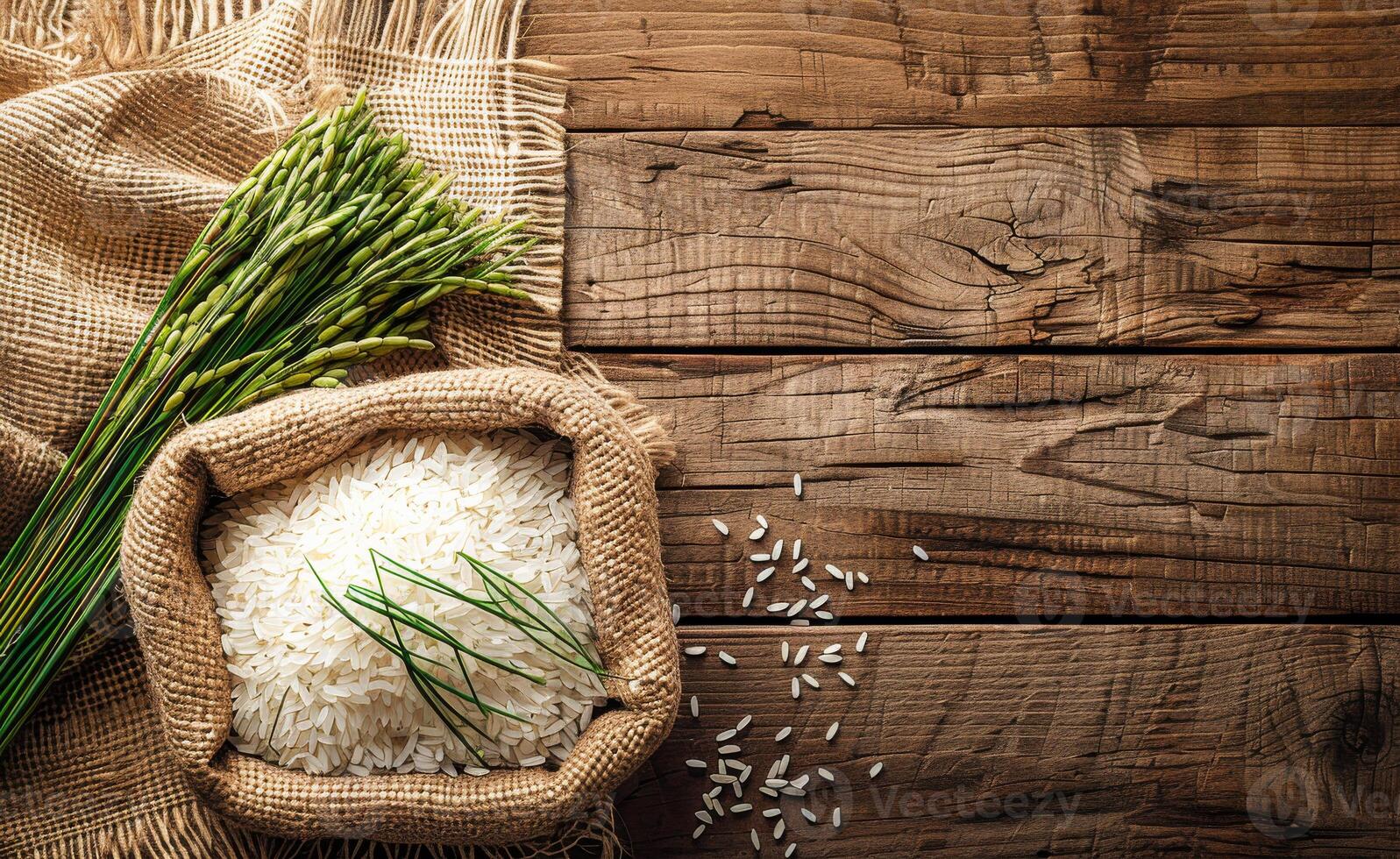 A bag of rice is sitting on a wooden table with some green herbs photo