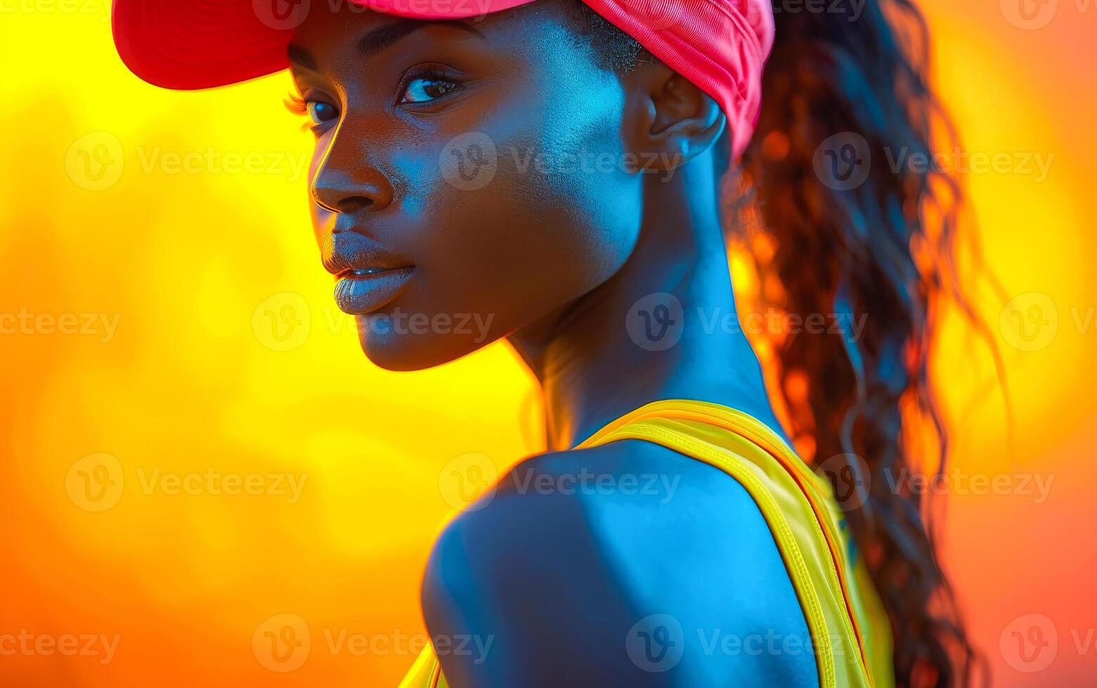 A woman with a red hat and yellow tank top is standing in front of a yellow background. photo