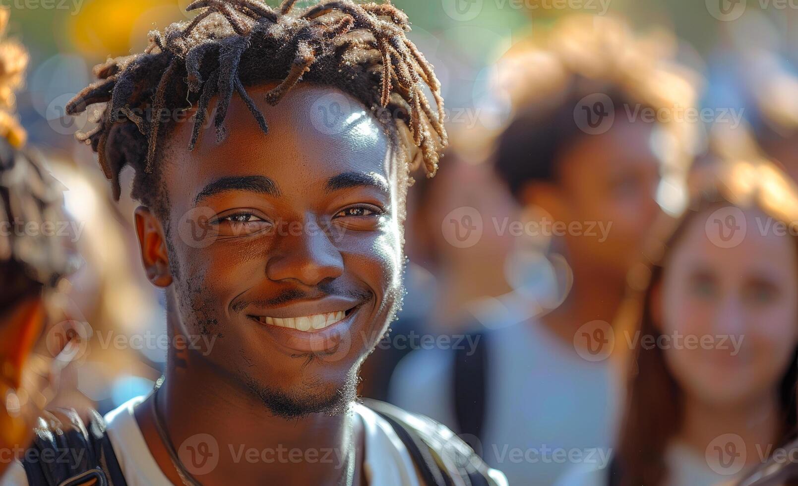 A young man with dreadlocks is smiling at the camera photo