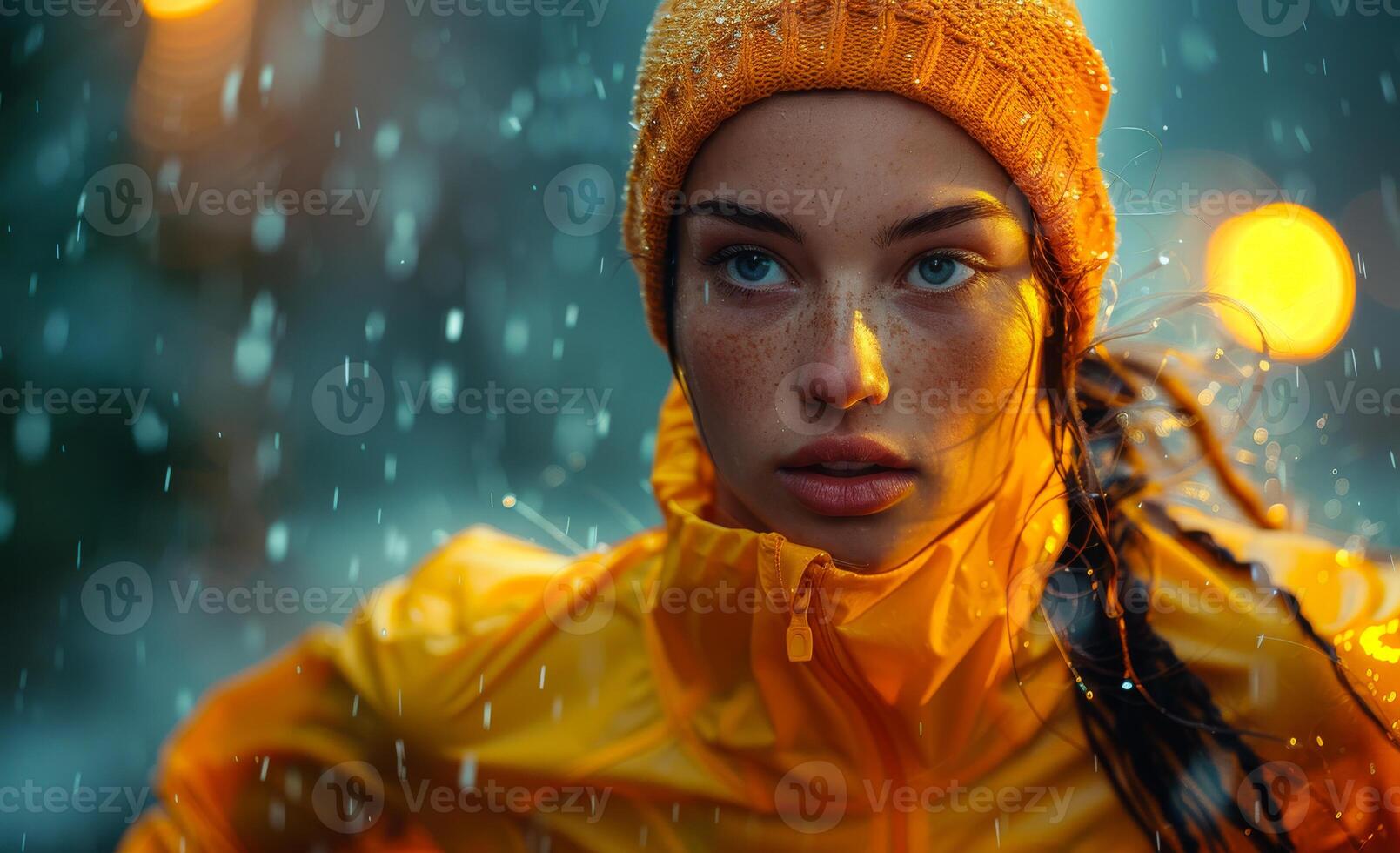 A woman in a yellow jacket and hat is running in the rain photo