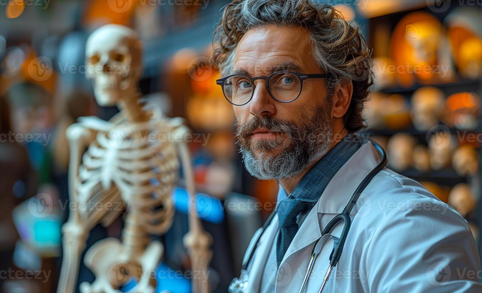 A man in a white lab coat stands in front of a skeleton photo