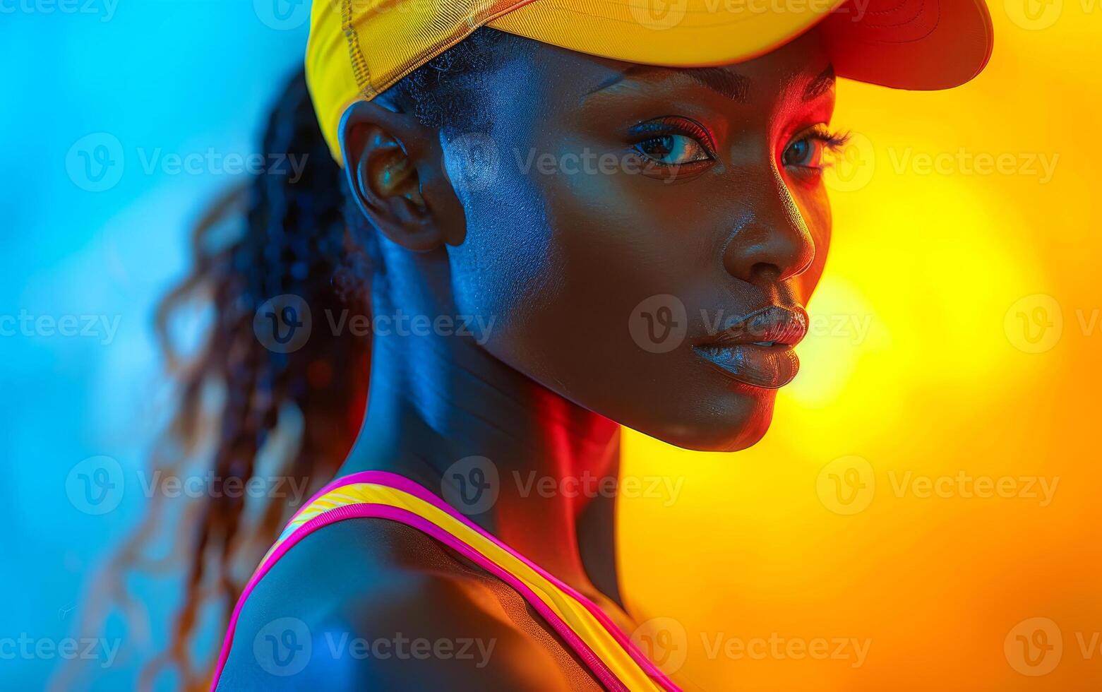 A woman with a yellow hat and a pink and yellow tank top. She is looking at the camera photo