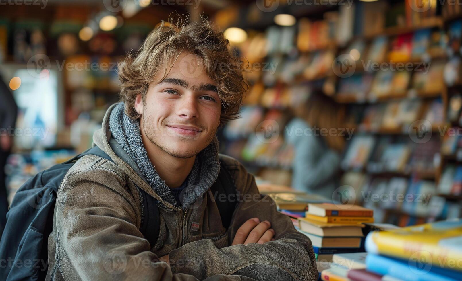 A young man is smiling in a library with a backpack on his lap photo