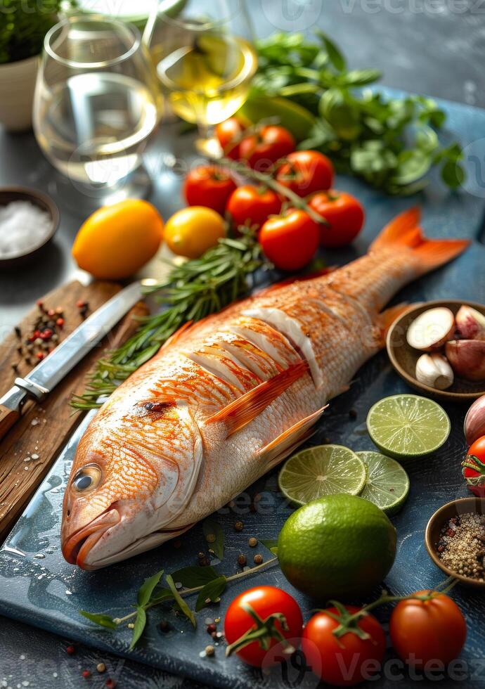 A fish is cut up on a cutting board with a variety of vegetables and herbs photo