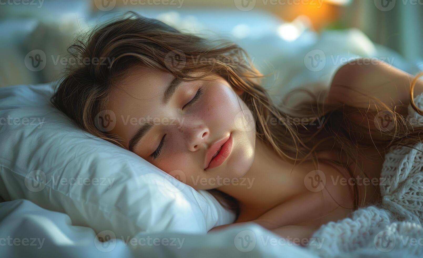 A woman is sleeping on a bed with a white pillow. She has a peaceful expression on her face photo