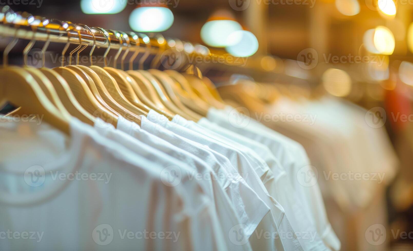 A rack of white shirts hanging in a store. The shirts are all the same color and are neatly hung up. photo