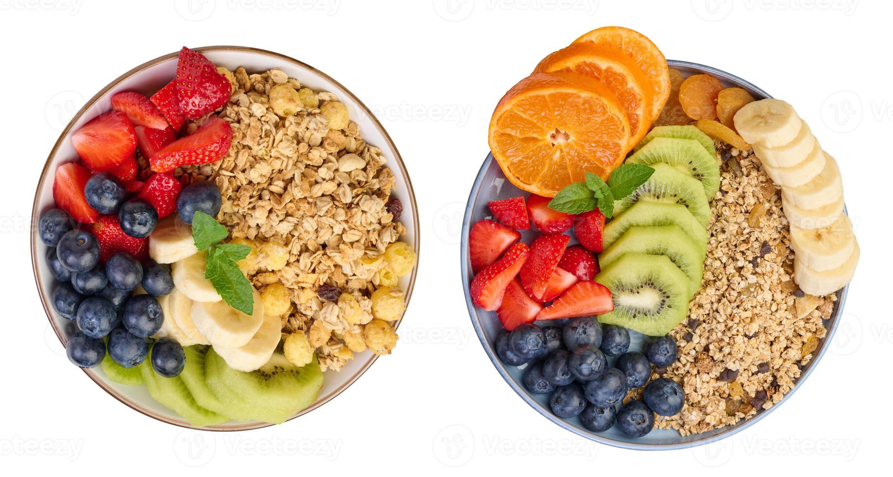Granola with strawberries, kiwi, banana and blueberries in a round plate photo
