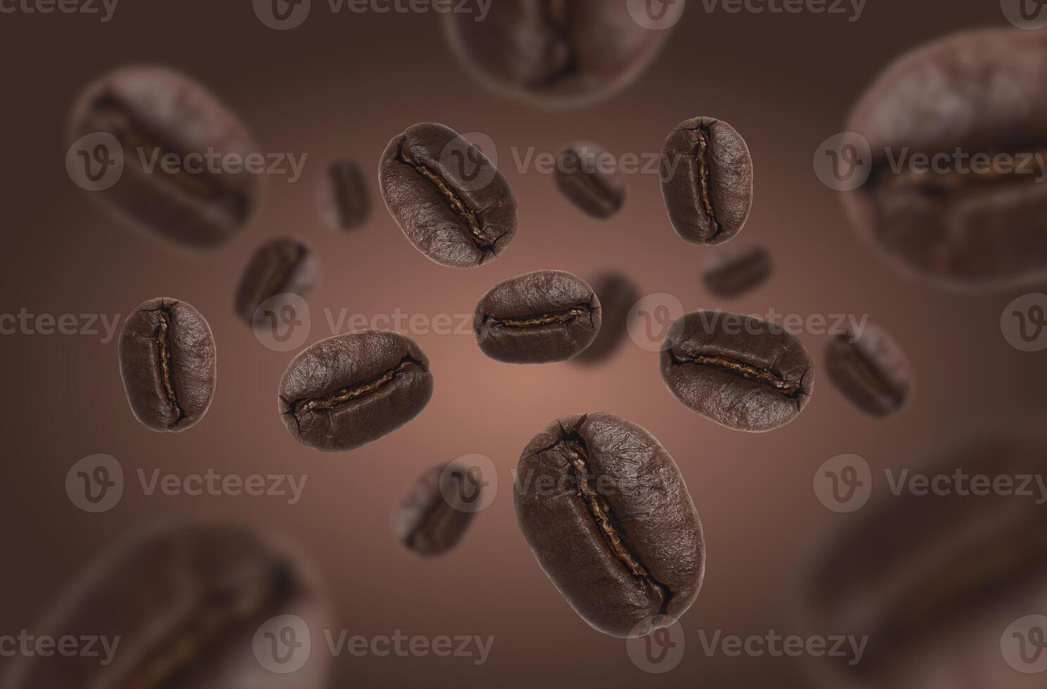 Roasted coffee beans levitate on a brown background, motion dynamics photo