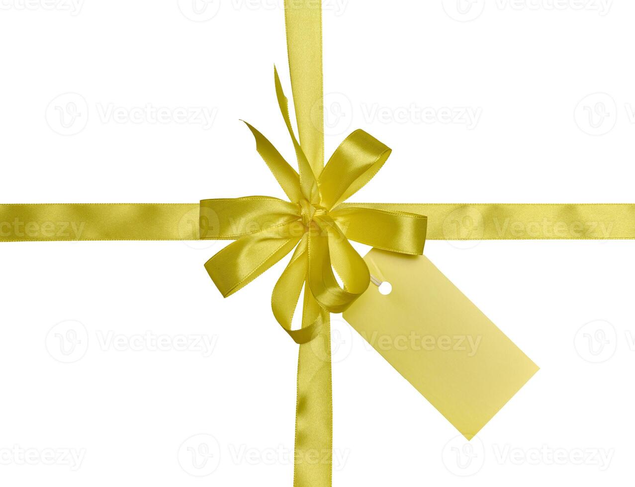 A yellow satin bow tied at the intersection of two ribbons. A yellow tag is attached to the bow. photo