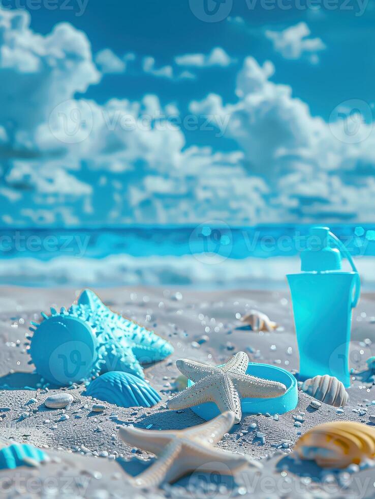 Beach, a blue sunblock, beach toys, bright blue sky background, photo
