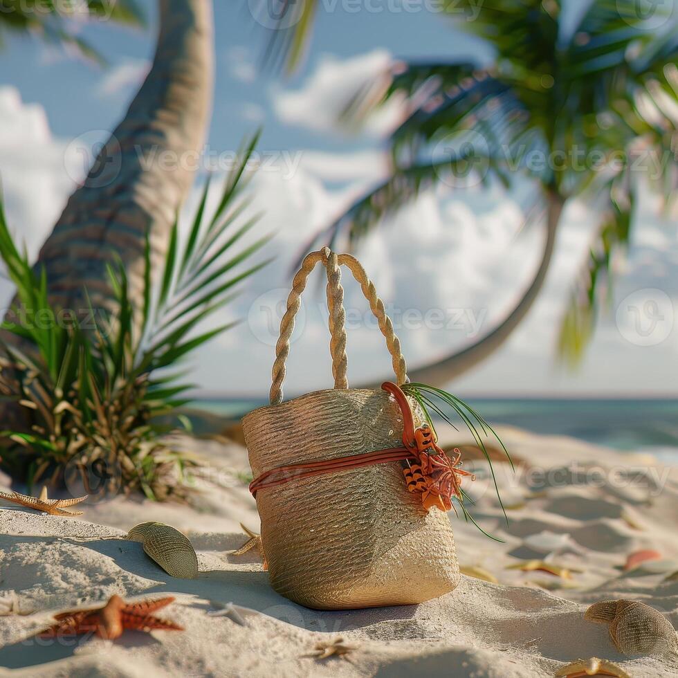 A small purse is sitting on the sand next to a palm tree photo