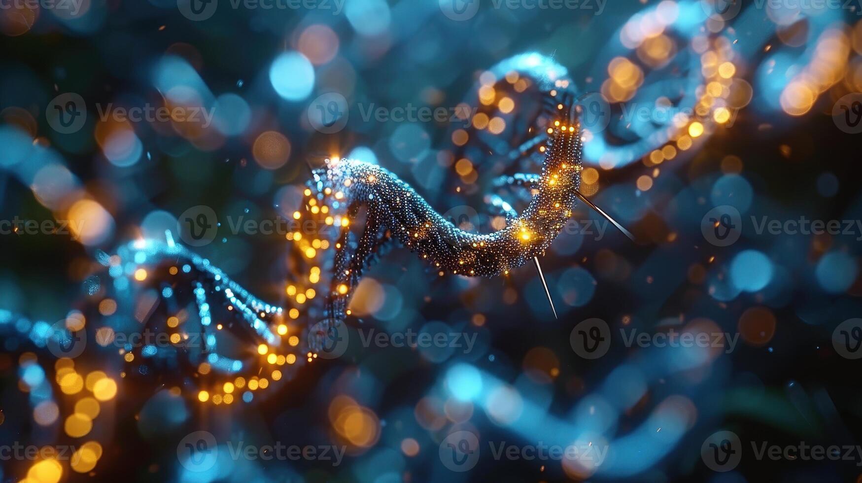 DNA Double Helix with CRISPR Scissors A vibrant, swirling double helix composed of glowing blue and yellow strands, representing DNA. At its center, a pair of sharp, metallic scissors photo