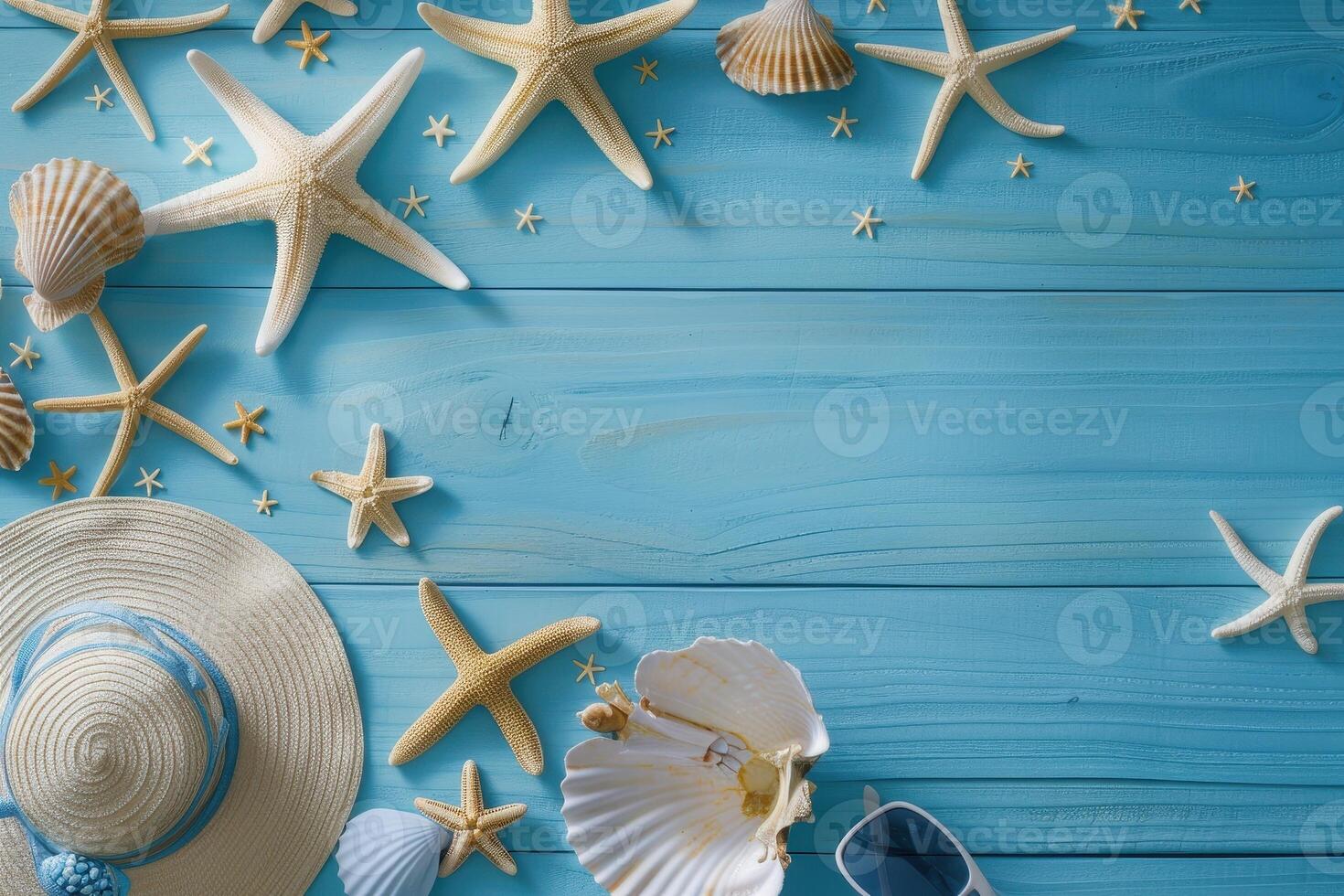 top view beach accessories on blue wooden background with copy space photo