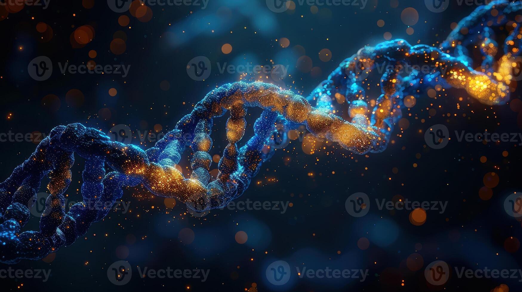 DNA Double Helix with CRISPR Scissors A vibrant, swirling double helix composed of glowing blue and yellow strands, representing DNA. At its center, a pair of sharp, metallic scissors photo