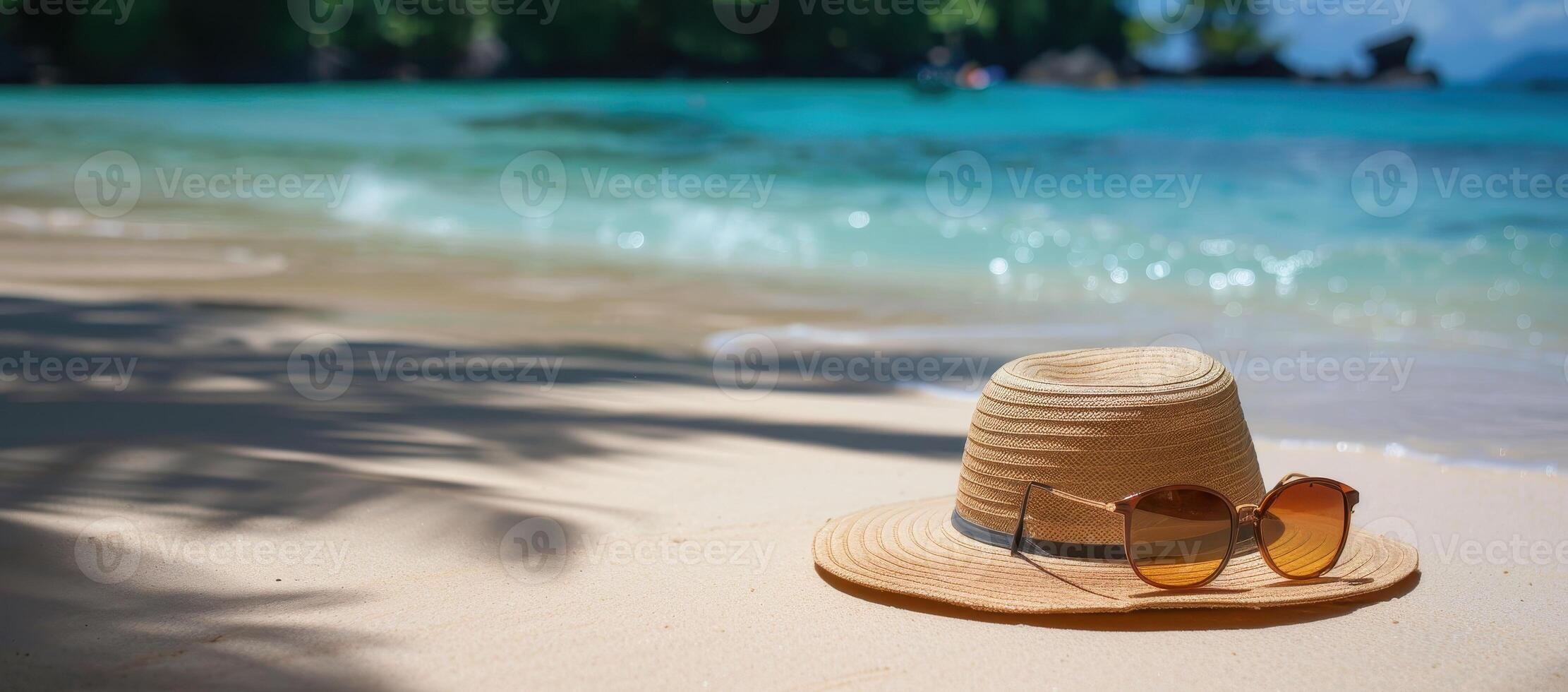 a hat and sunglasses is on a beach photo