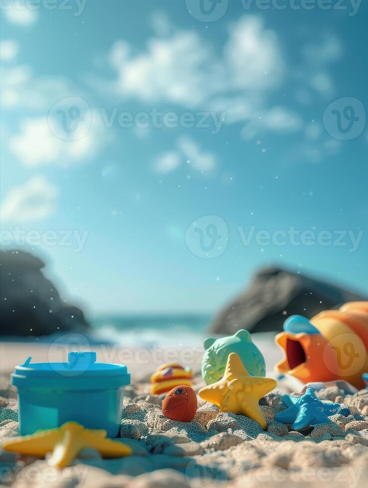 A blue container with a lid sits on the sand next to a pile of seashells photo