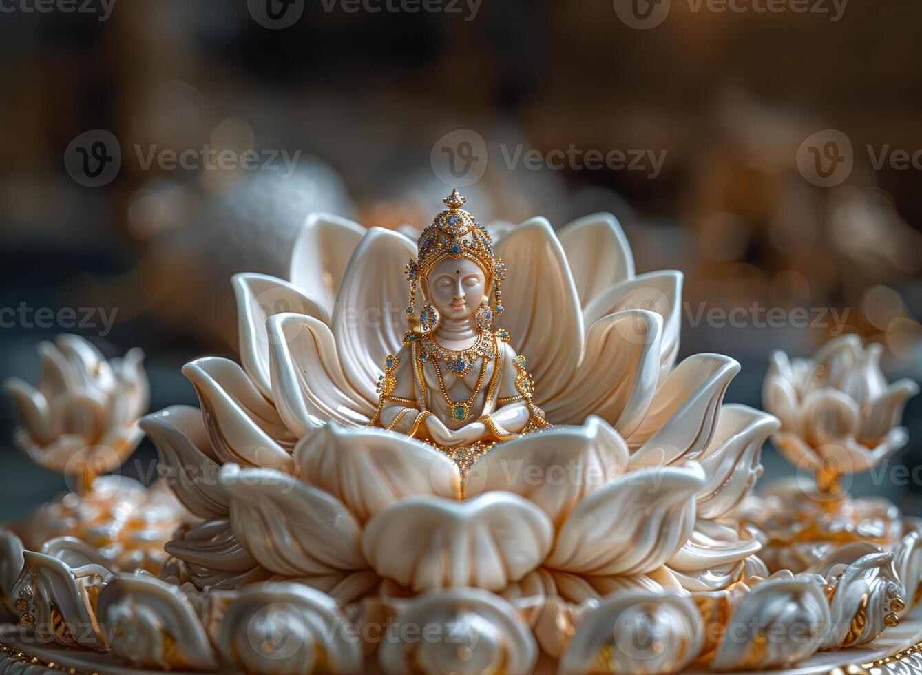 a white buddha statue sits on top of a lotus flower photo