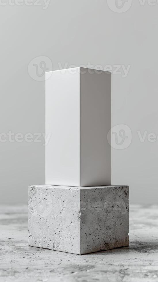 Minimalist white rectangular block on marble cube stand. Modern abstract geometric sculpture with clean lines and neutral tones. photo