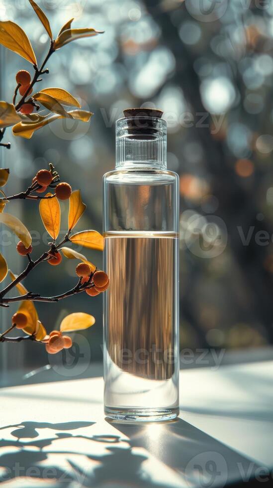 Elegant glass bottle with liquid, backlit by sunlight with autumn leaves, creating a serene and warm atmosphere. photo