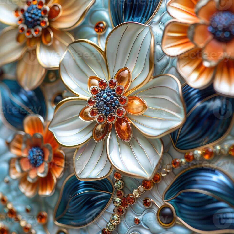 Close-up of intricate floral mosaic art in vibrant colors with detailed patterns and textures, showcasing artistic craftsmanship. photo